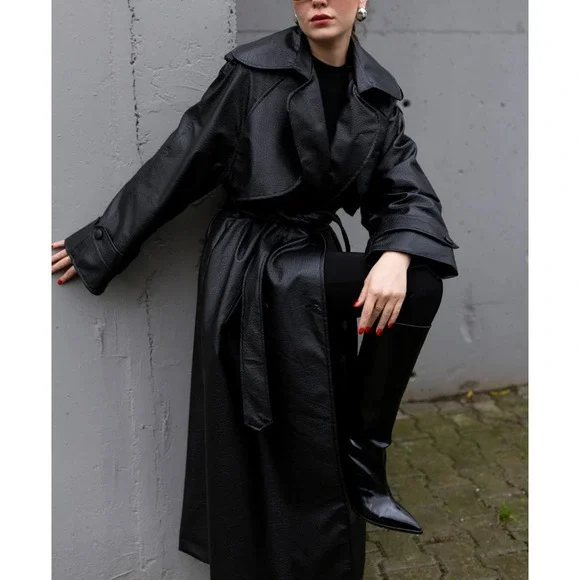 Black Faux Leather Trench Coat Long Belted Jacket Women Oversized Fall - Picture 7 of 9